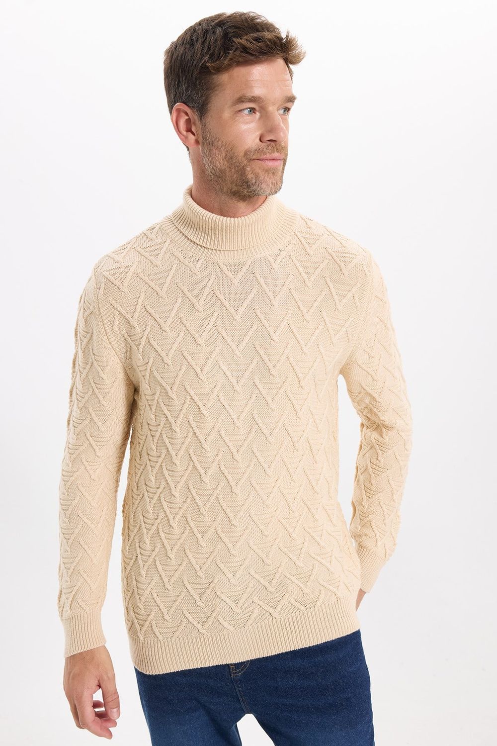 Slim Fit Dar Kesim Tam Balıkçı Yaka Desenli Bej Erkek Triko Kazak