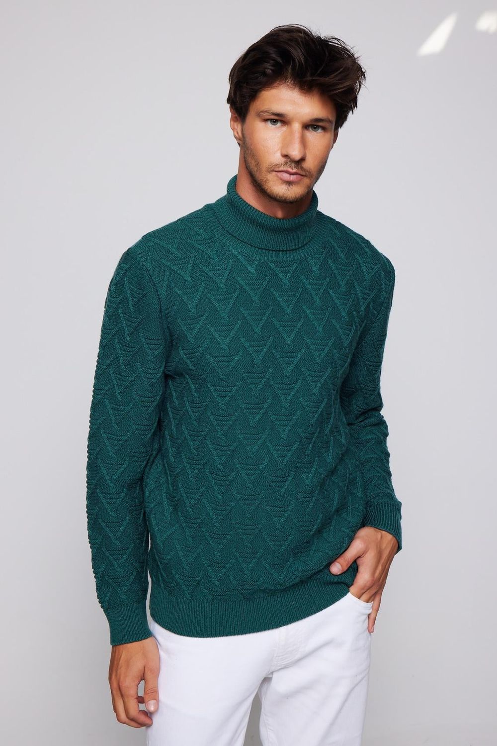 Slim Fit Dar Kesim Tam Balıkçı Yaka Desenli Yeşil Erkek Kazak