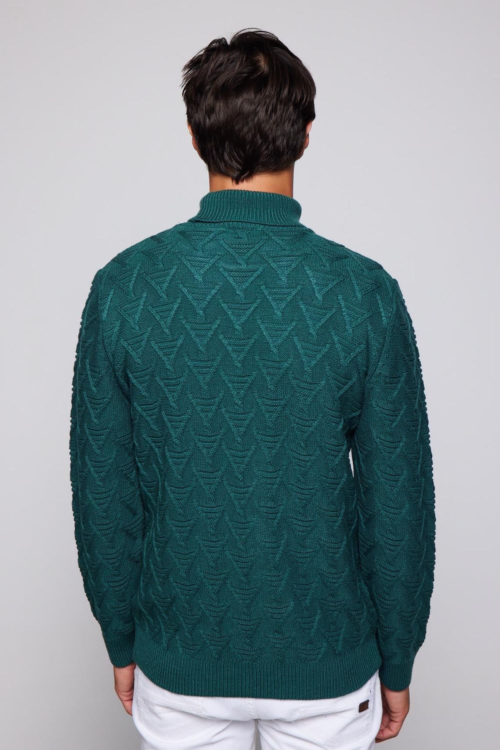 Slim Fit Dar Kesim Tam Balıkçı Yaka Desenli Yeşil Erkek Kazak