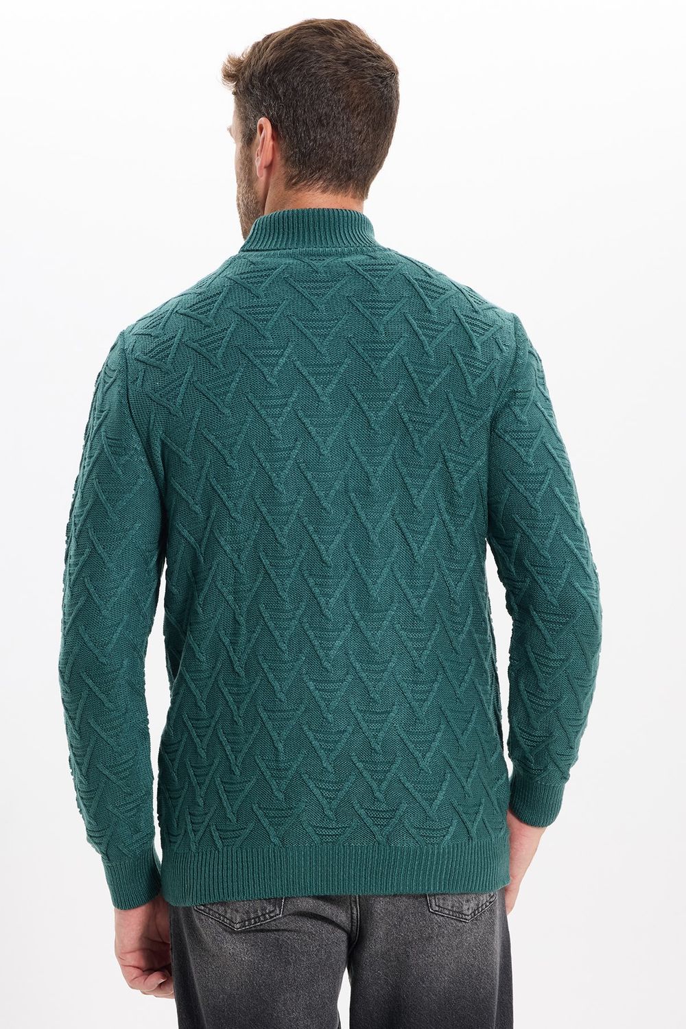 Slim Fit Dar Kesim Tam Balıkçı Yaka Desenli Erkek Triko Kazak