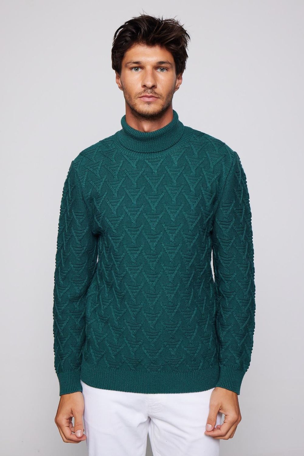 Slim Fit Dar Kesim Tam Balıkçı Yaka Desenli Yeşil Erkek Kazak