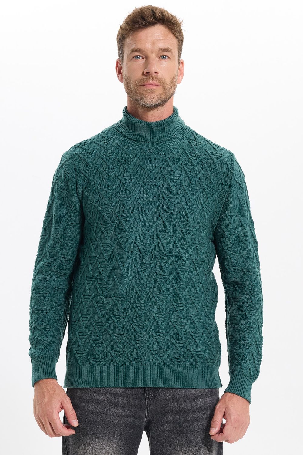Slim Fit Dar Kesim Tam Balıkçı Yaka Desenli Erkek Triko Kazak