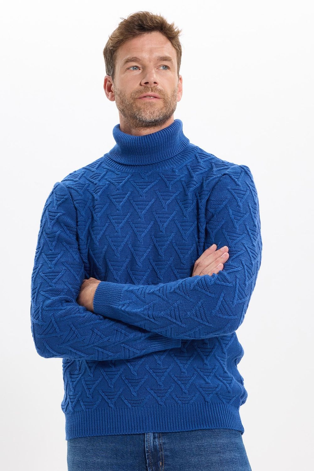 Slim Fit Dar Kesim Tam Balıkçı Yaka Desenli Lacivert Erkek Triko Kazak