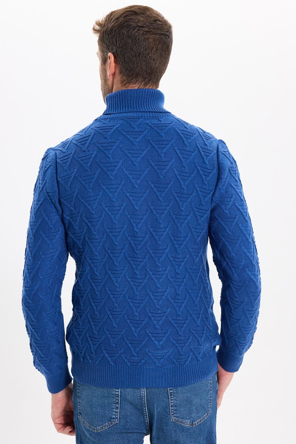Slim Fit Dar Kesim Tam Balıkçı Yaka Desenli Lacivert Erkek Triko Kazak