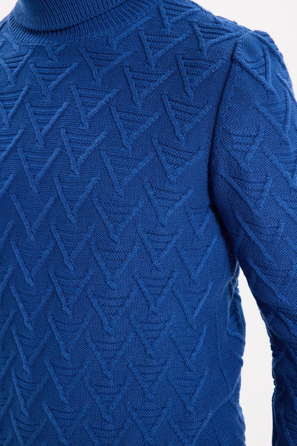 Slim Fit Dar Kesim Tam Balıkçı Yaka Desenli Lacivert Erkek Triko Kazak