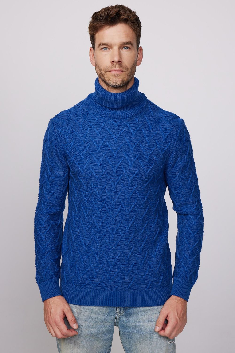 Slim Fit Dar Kesim Tam Balıkçı Yaka Desenli Lacivert Erkek Kazak
