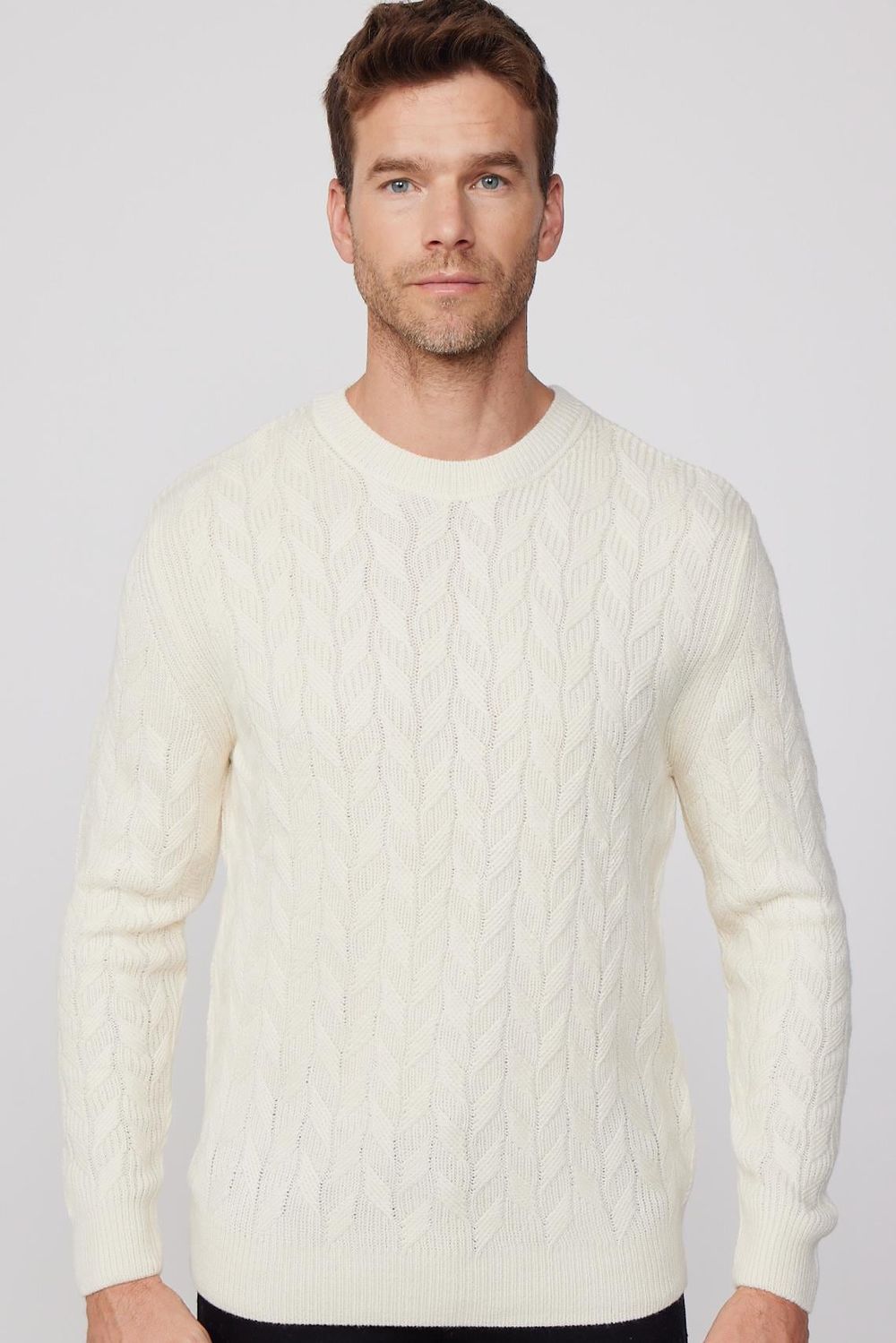 Slim Fit Bisiklet Yaka Desenli Ekru Erkek Triko Kazak
