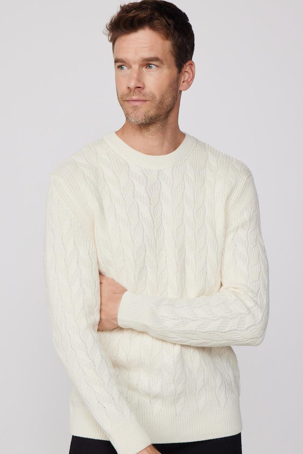 Slim Fit Bisiklet Yaka Desenli Ekru Erkek Triko Kazak