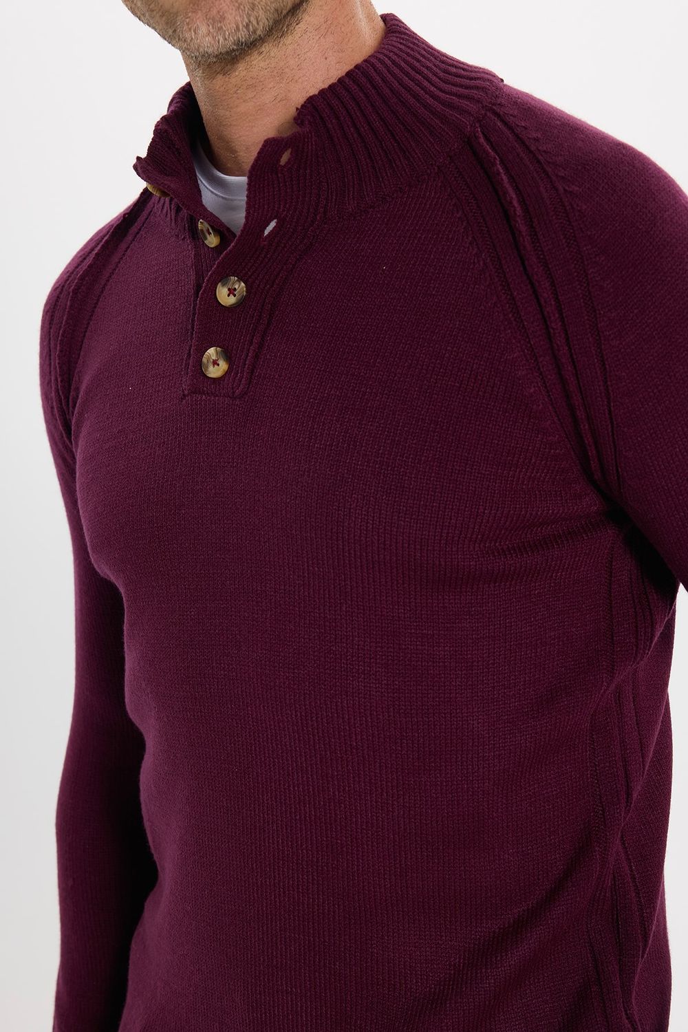 Erkek Slim Fit Dar Kesim Dik Yaka Düğmeli Bordo Triko Kazak