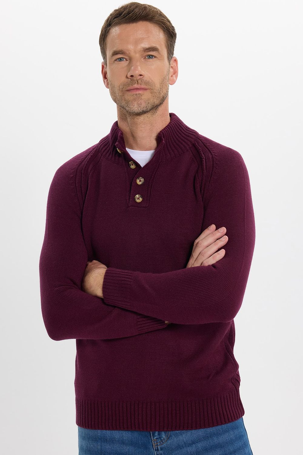 Erkek Slim Fit Dar Kesim Dik Yaka Düğmeli Bordo Triko Kazak