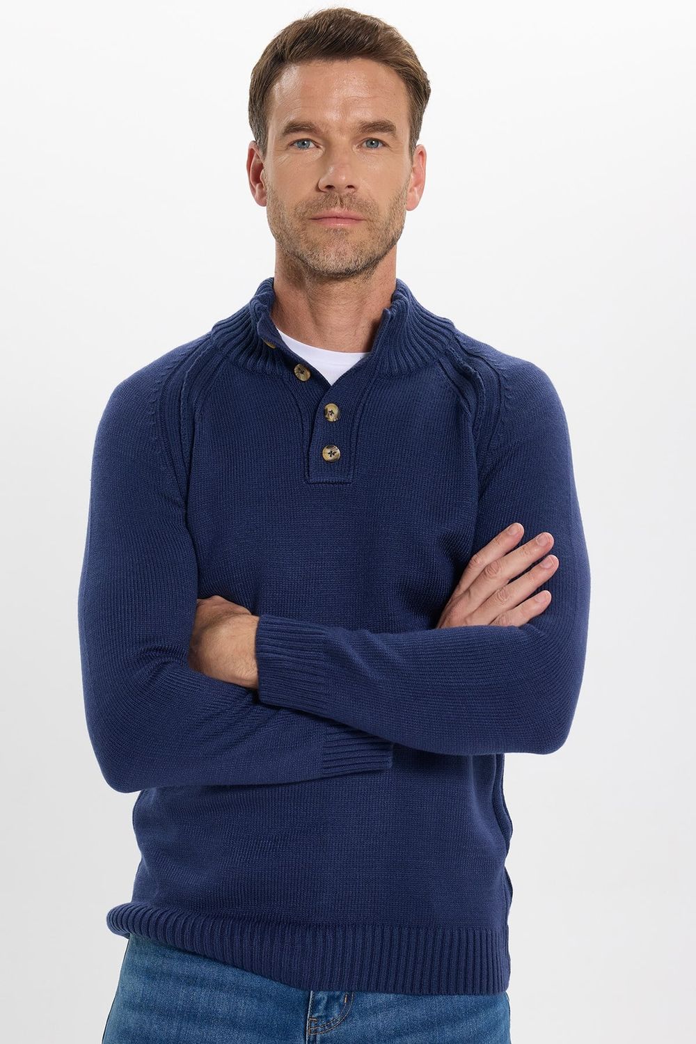 Erkek Slim Fit Dar Kesim Dik Yaka Düğmeli Lacivert Triko Kazak