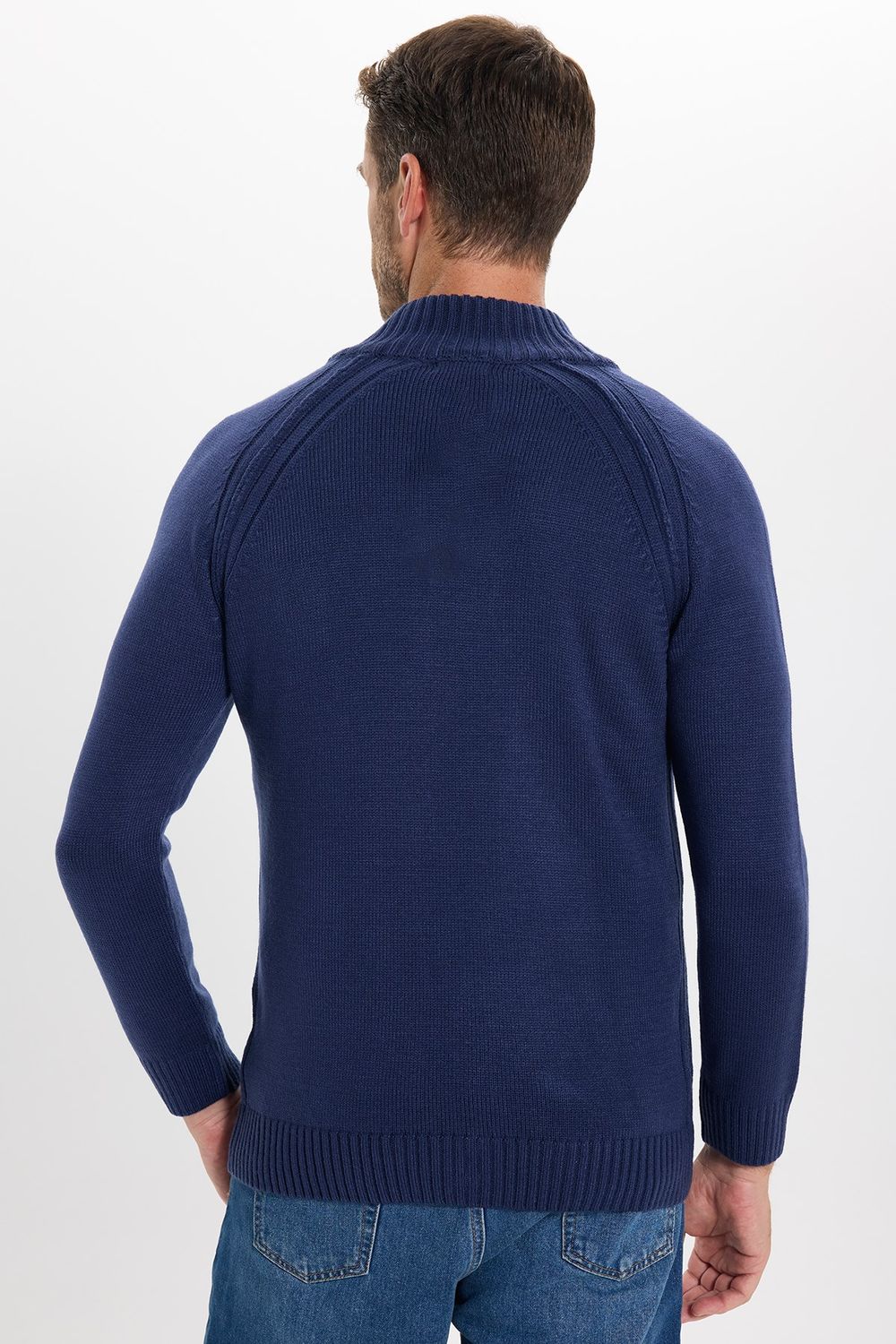 Erkek Slim Fit Dar Kesim Dik Yaka Düğmeli Lacivert Triko Kazak