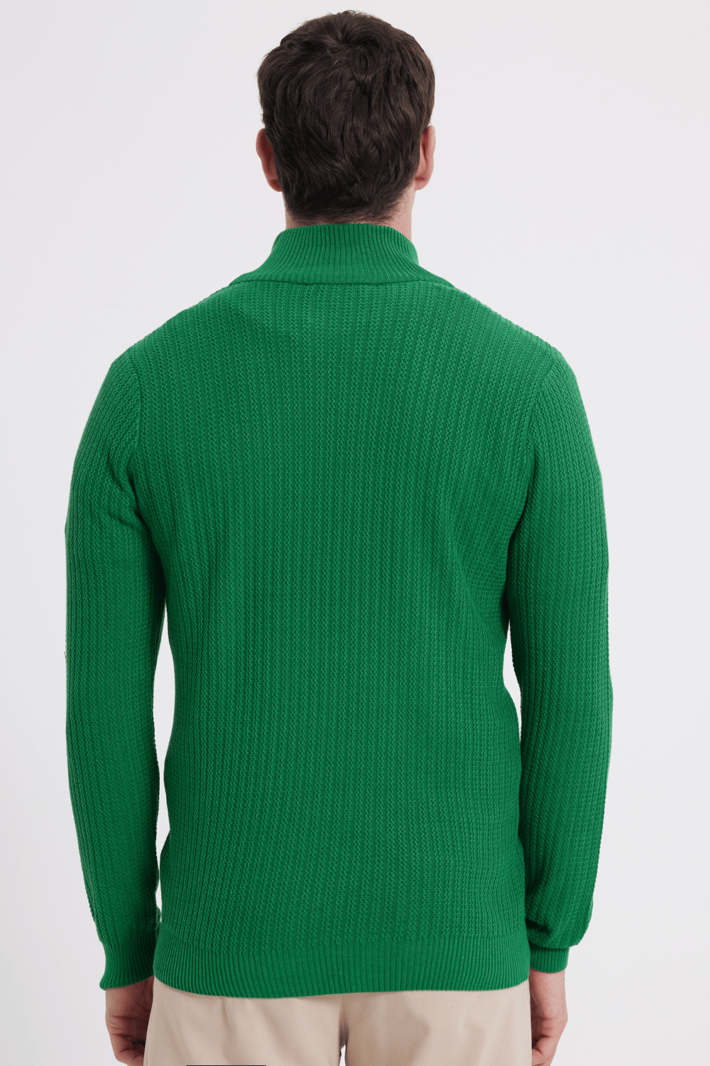 Erkek Slim Fit Dar Kesim Dik Yaka Fermuarlı Yeşil Kazak