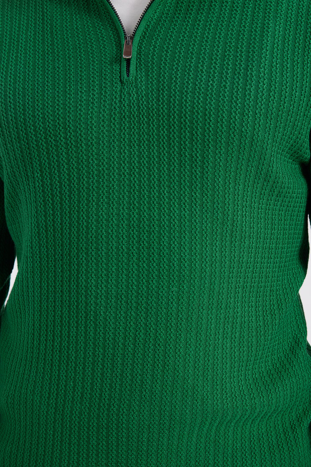 Erkek Slim Fit Dar Kesim Dik Yaka Fermuarlı Yeşil Kazak
