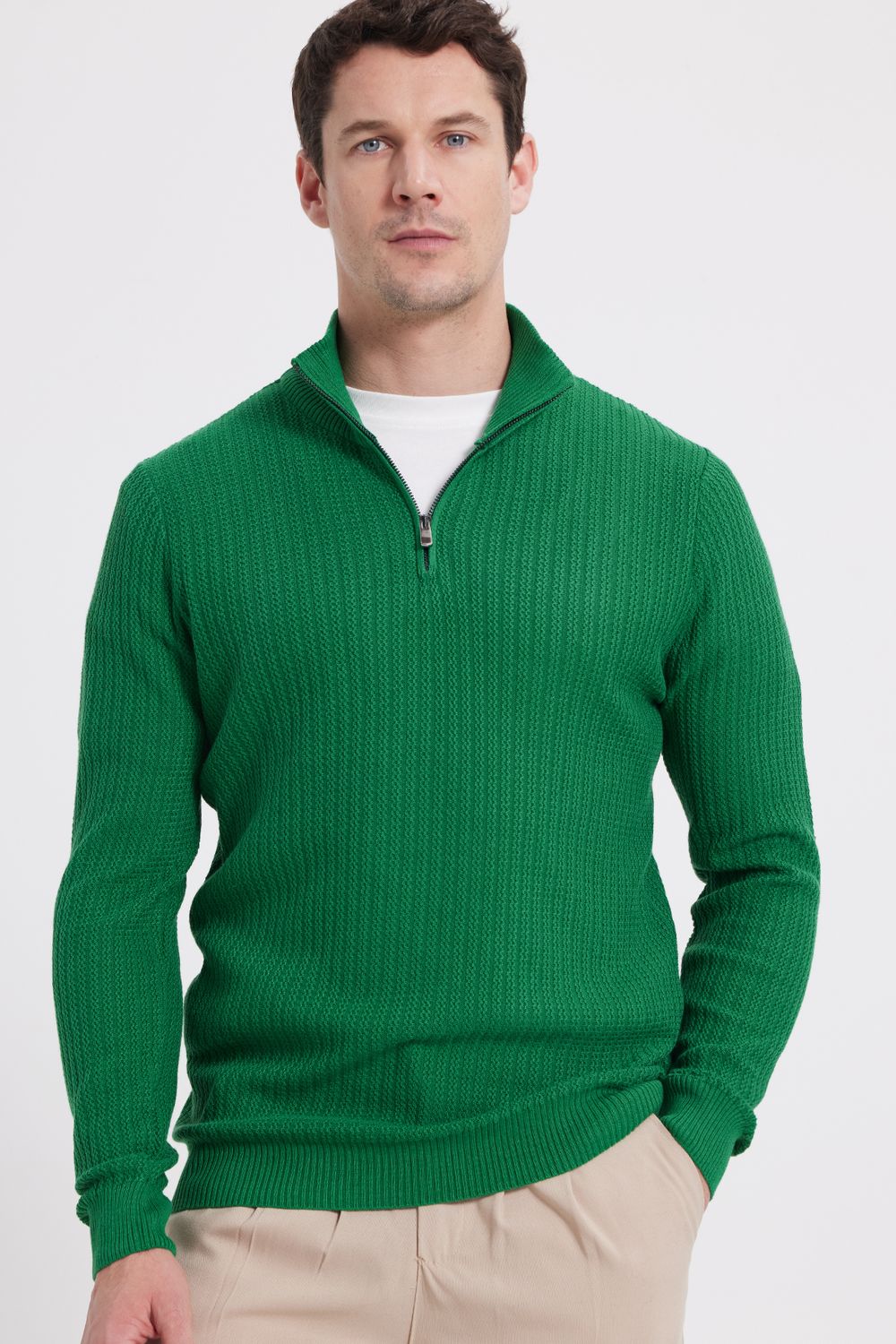 Erkek Slim Fit Dar Kesim Dik Yaka Fermuarlı Yeşil Kazak