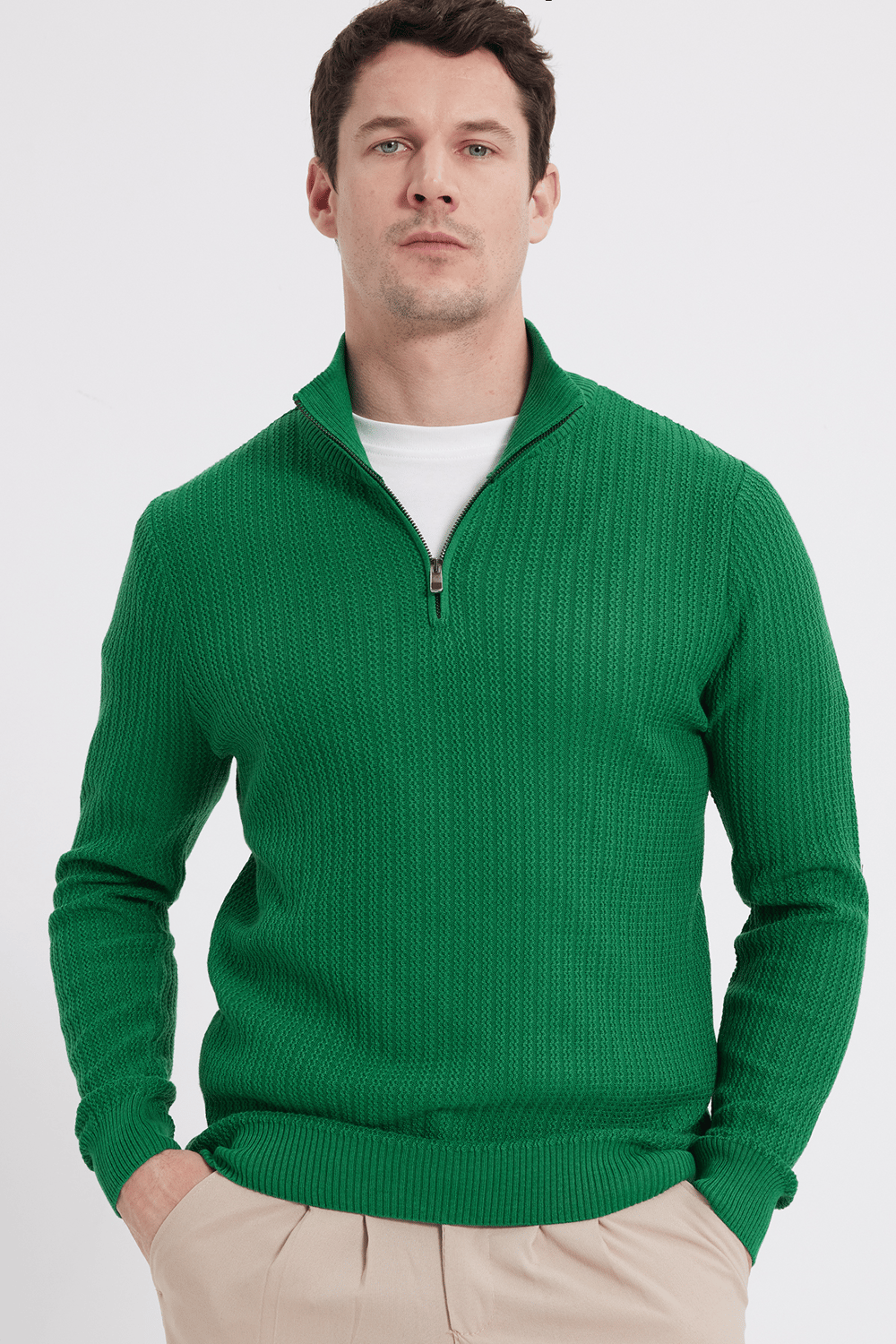 Erkek Slim Fit Dar Kesim Dik Yaka Fermuarlı Yeşil Kazak