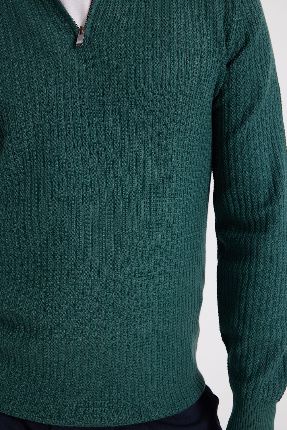 Slim Fit Dar Kesim Dik Yaka Fermuarlı Desenli Yeşil Erkek Triko Kazak
