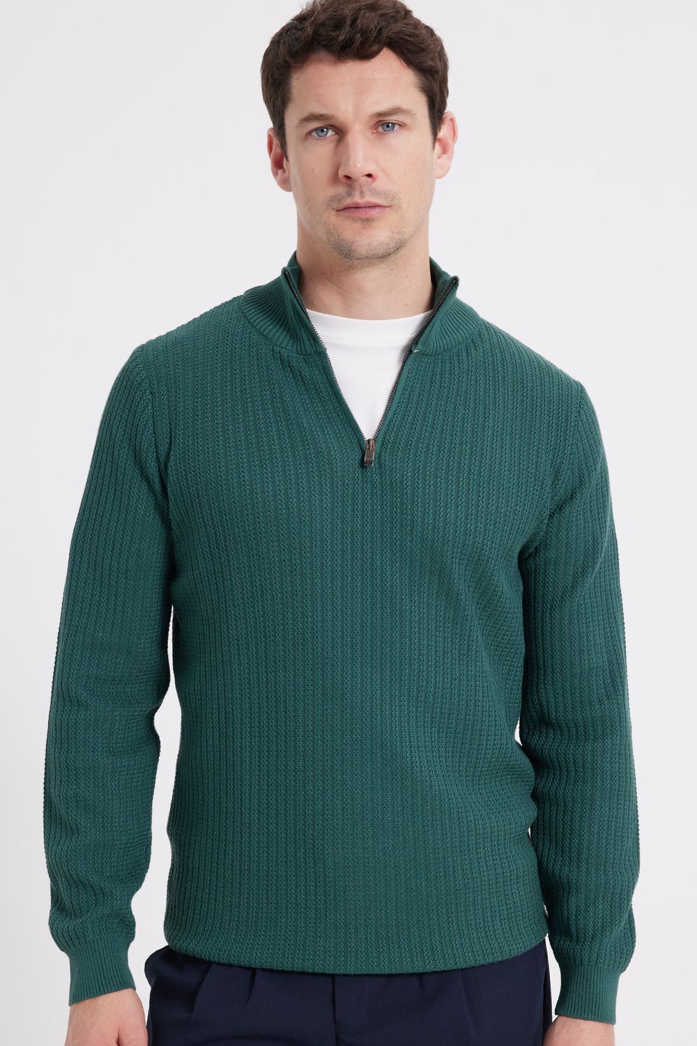 Slim Fit Dar Kesim Dik Yaka Fermuarlı Desenli Yeşil Erkek Triko Kazak