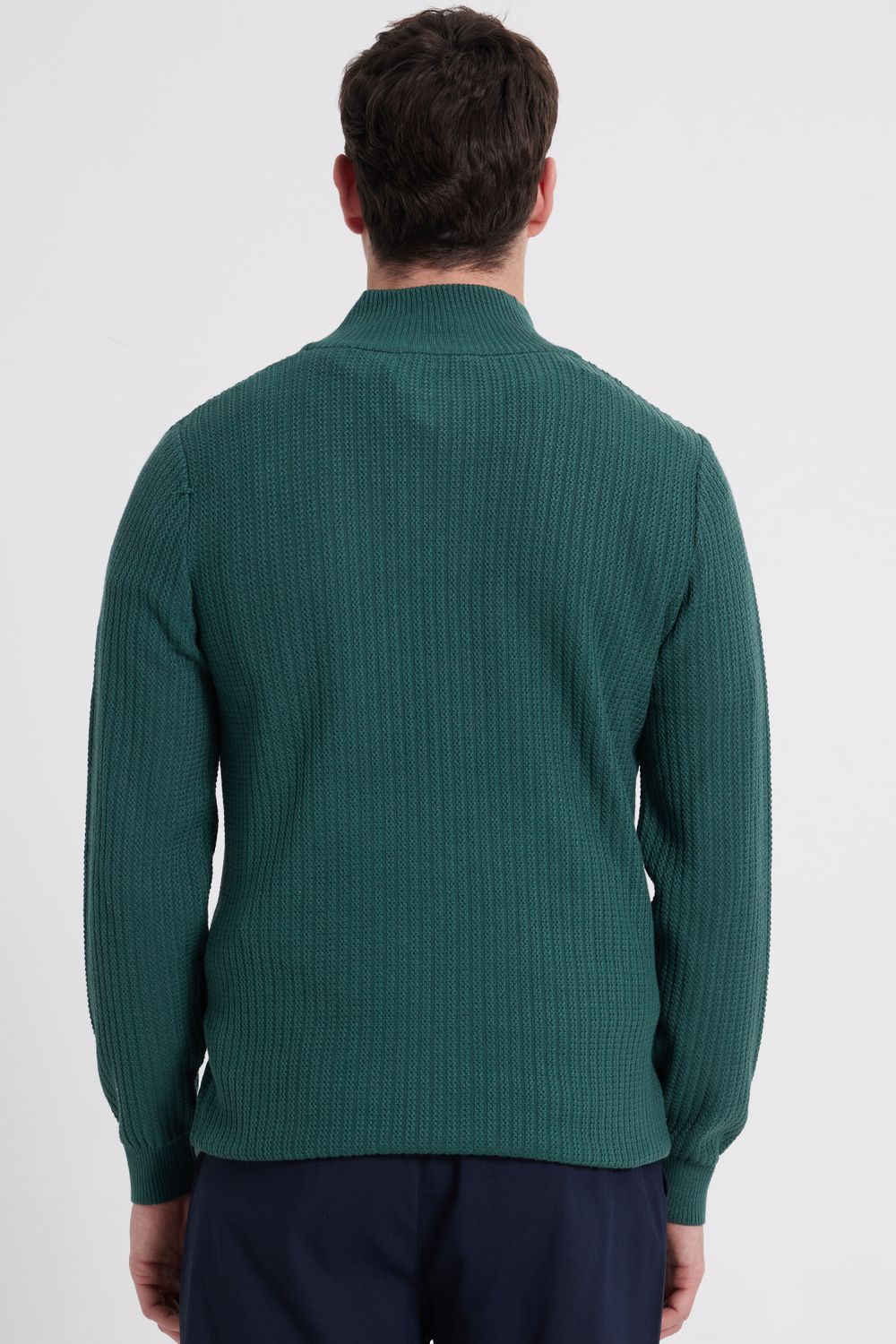 Slim Fit Dar Kesim Dik Yaka Fermuarlı Desenli Yeşil Erkek Triko Kazak