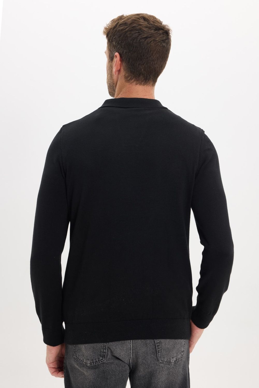 Erkek Standart Fit Normal Kesim Polo V Yaka Siyah Triko Kazak