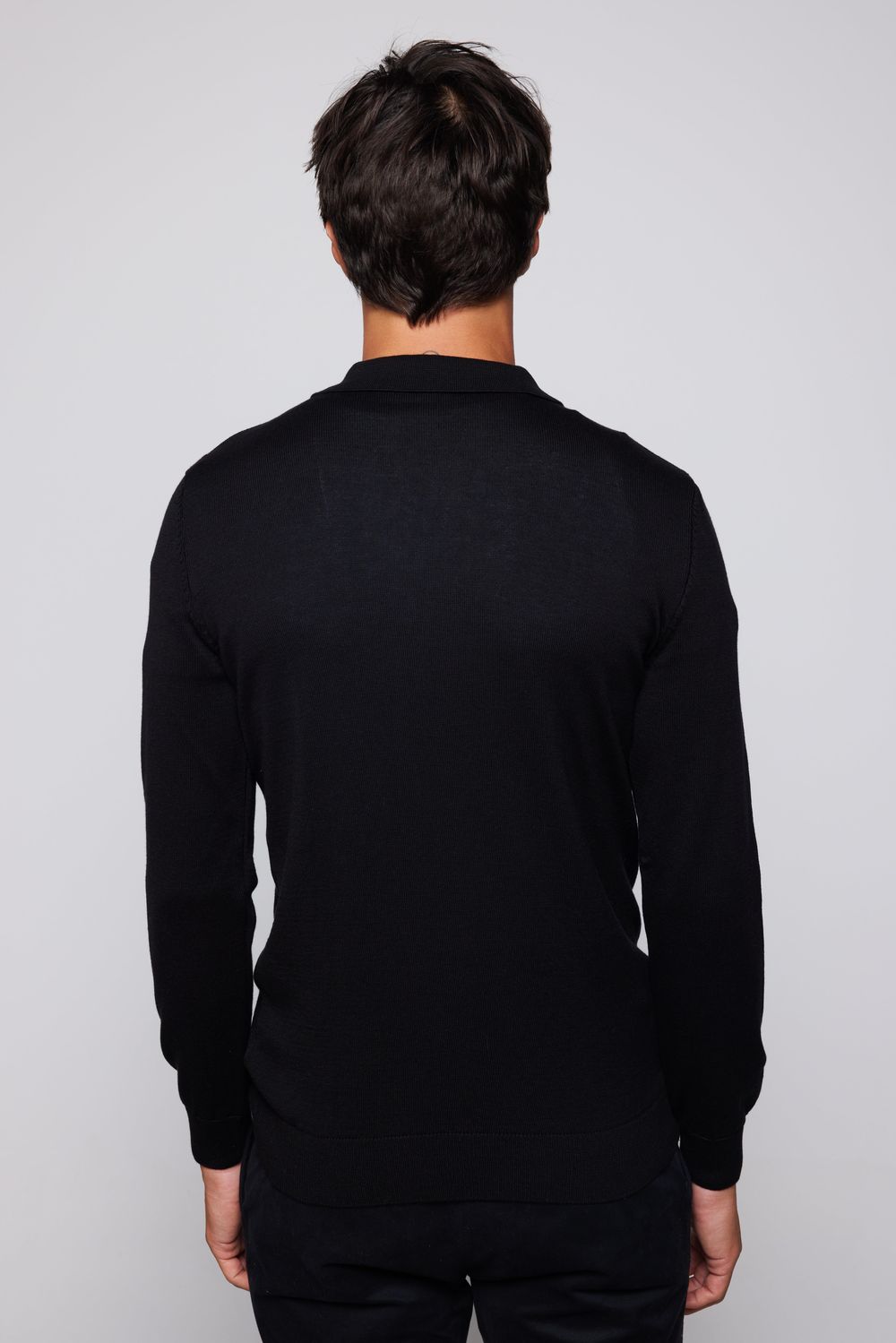 Slim Fit Dar Kesim Polo V Yaka Siyah Erkek Kazak