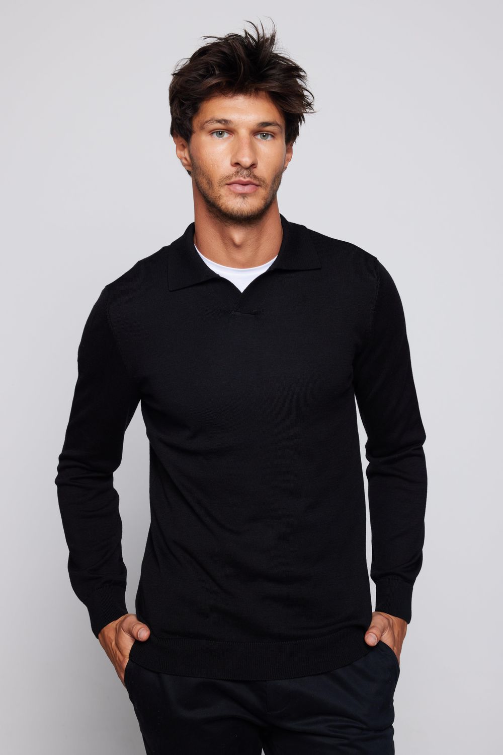 Slim Fit Dar Kesim Polo V Yaka Siyah Erkek Kazak