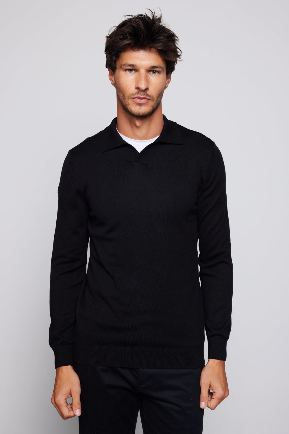 Slim Fit Dar Kesim Polo V Yaka Siyah Erkek Kazak