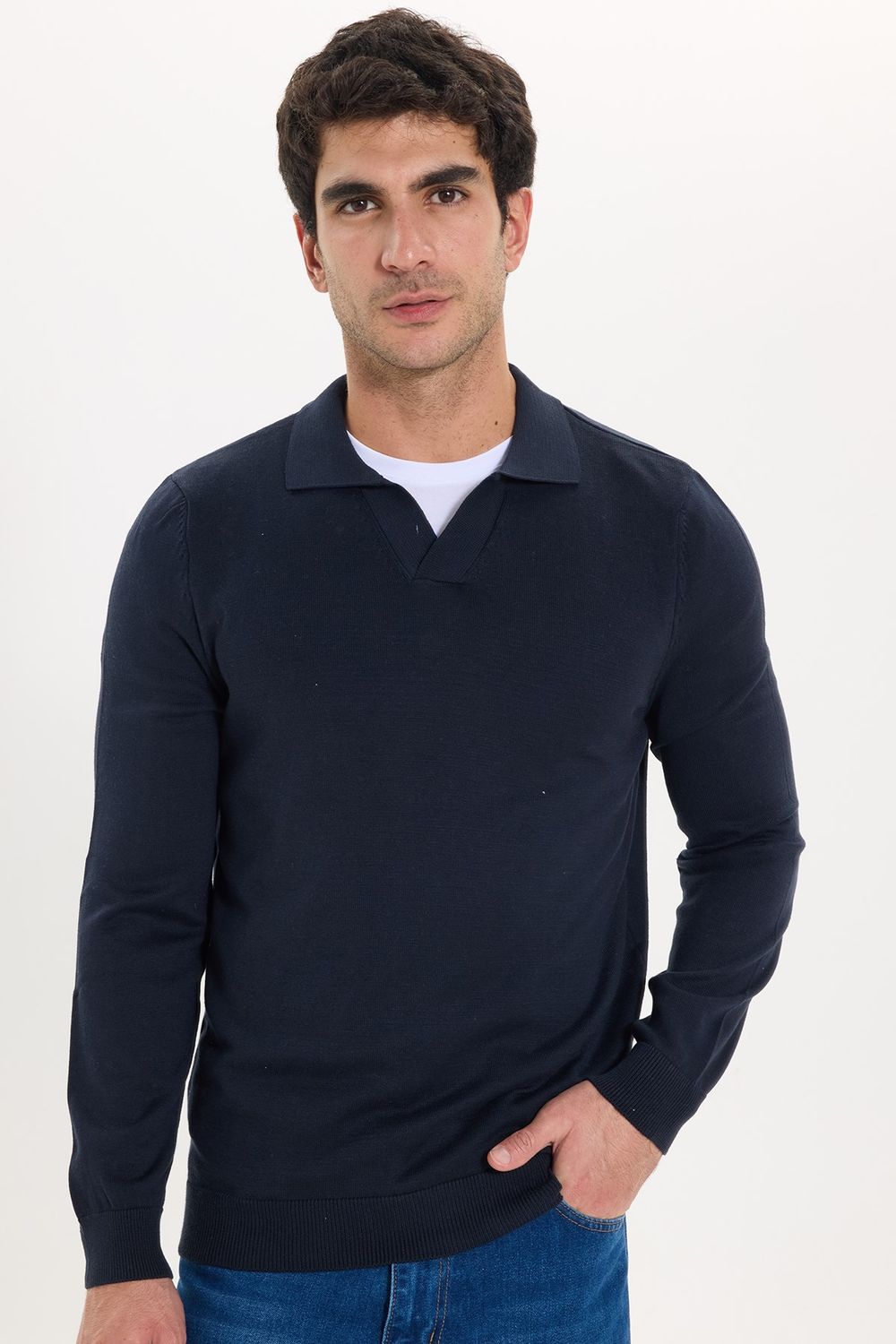 Erkek Standart Fit Normal Kesim Polo V Yaka Lacivert Triko Kazak