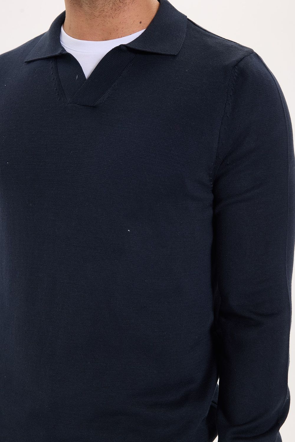 Erkek Standart Fit Normal Kesim Polo V Yaka Lacivert Triko Kazak