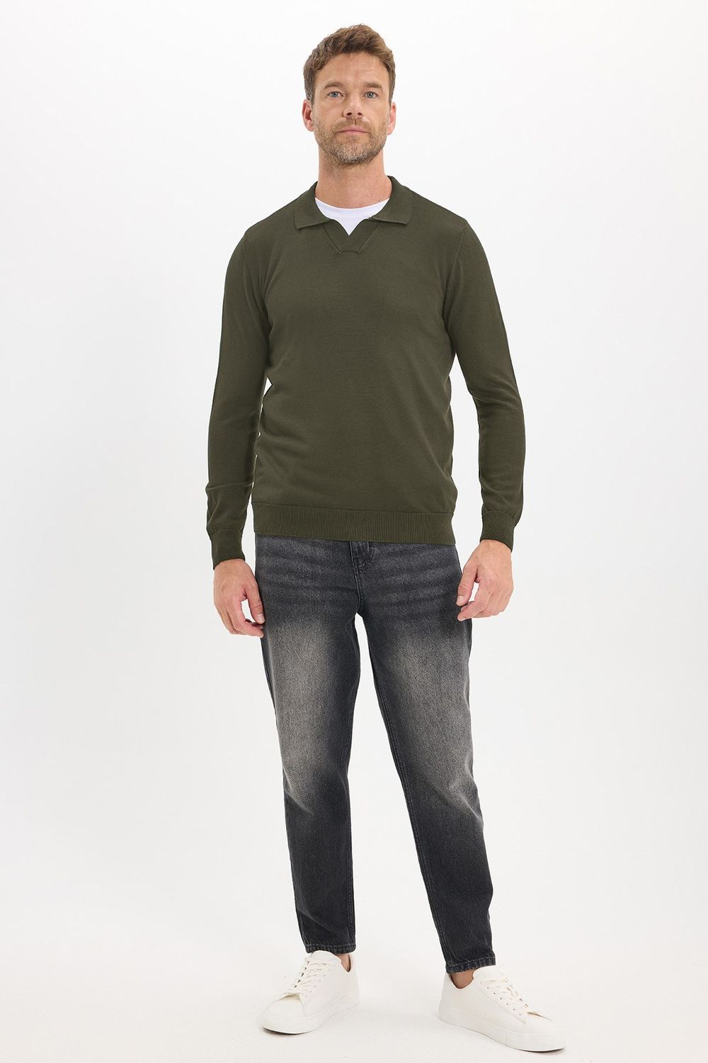 Slim Fit Dar Kesim Polo V Yaka Erkek Kazak