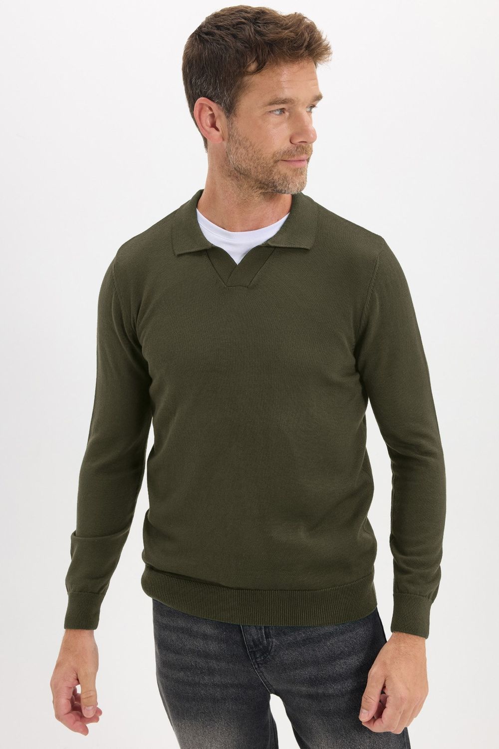 Slim Fit Dar Kesim Polo V Yaka Erkek Kazak