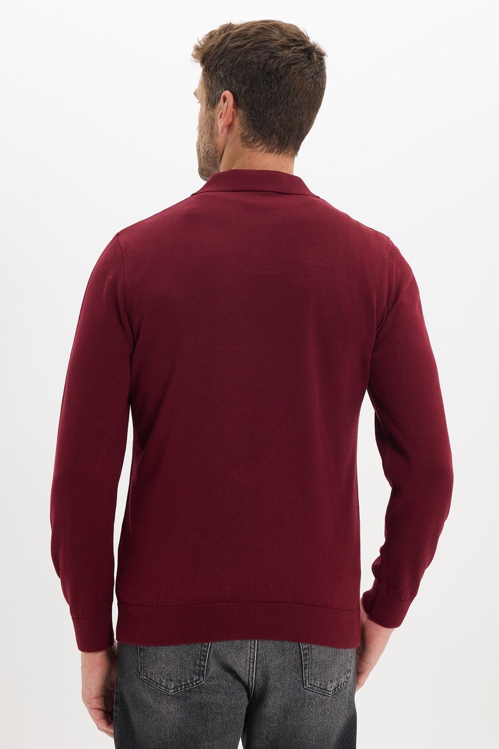 Erkek Standart Fit Normal Kesim Polo V Yaka Bordo Triko Kazak