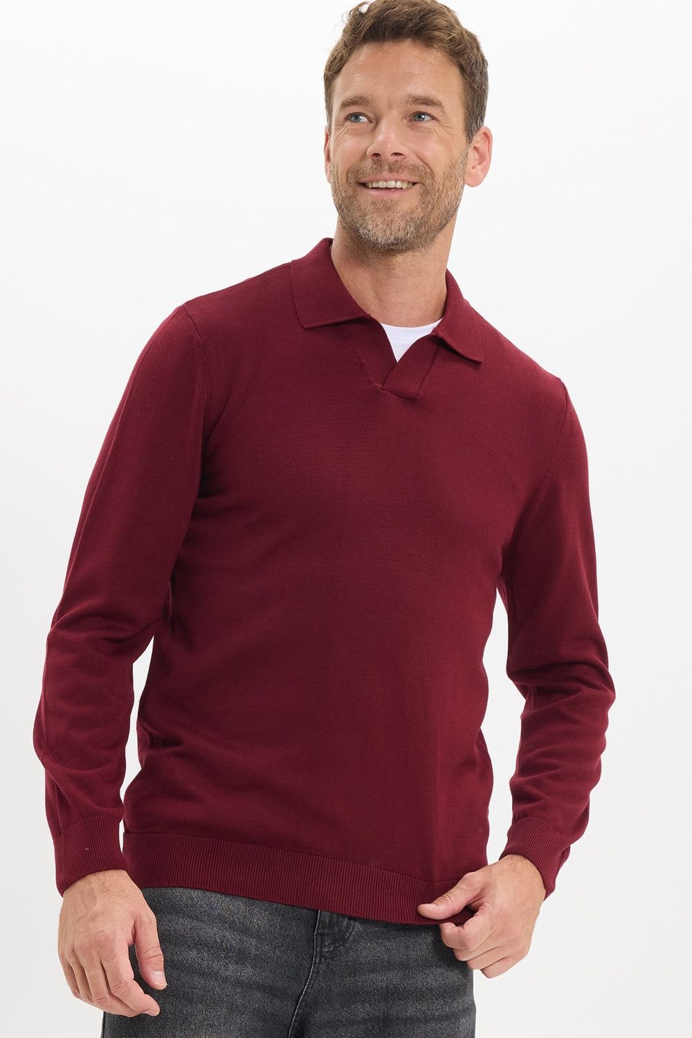 Erkek Standart Fit Normal Kesim Polo V Yaka Bordo Triko Kazak