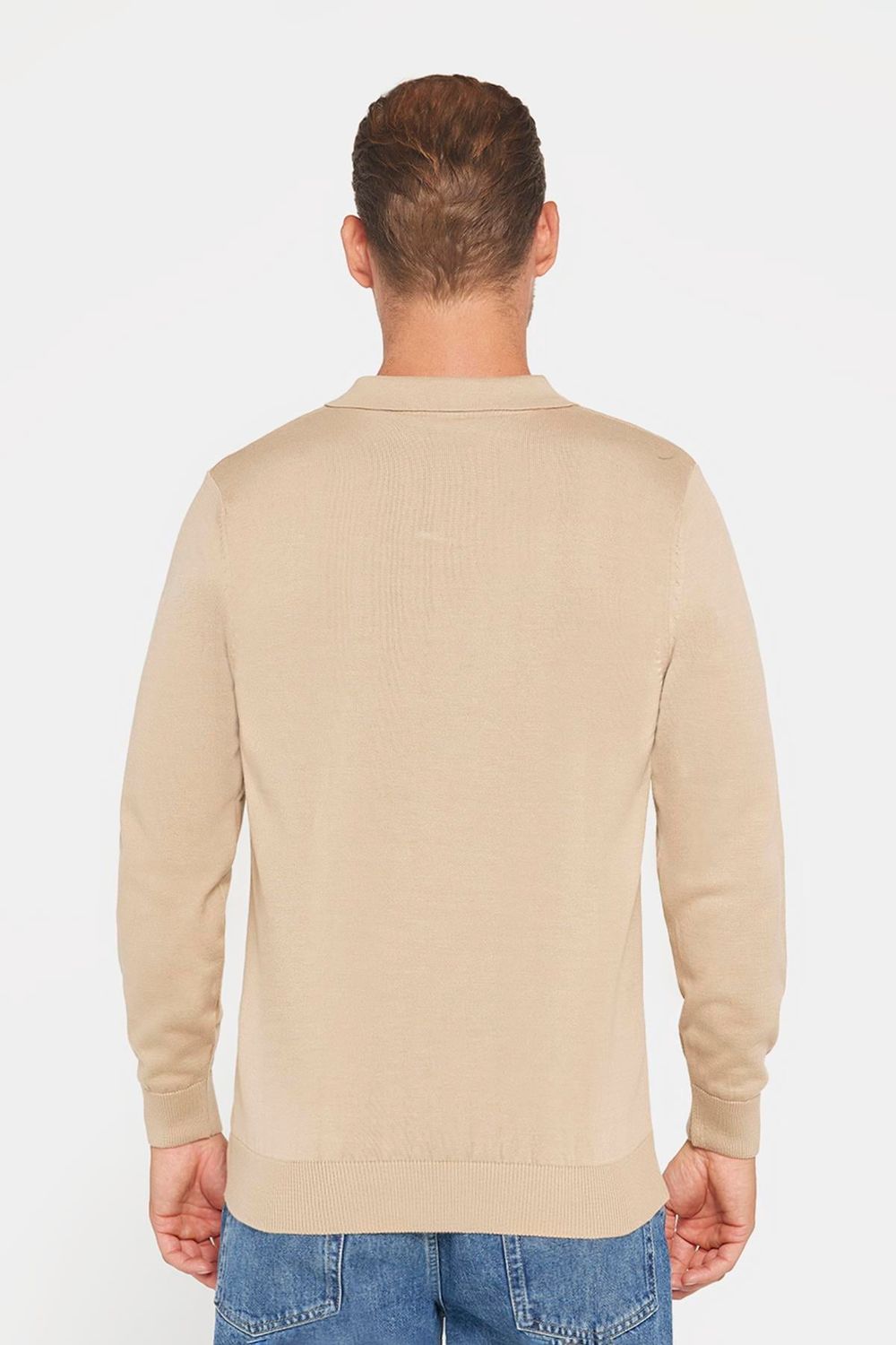 Slim Fit Dar Kesim Polo V Yaka Erkek Taş Triko Kazak