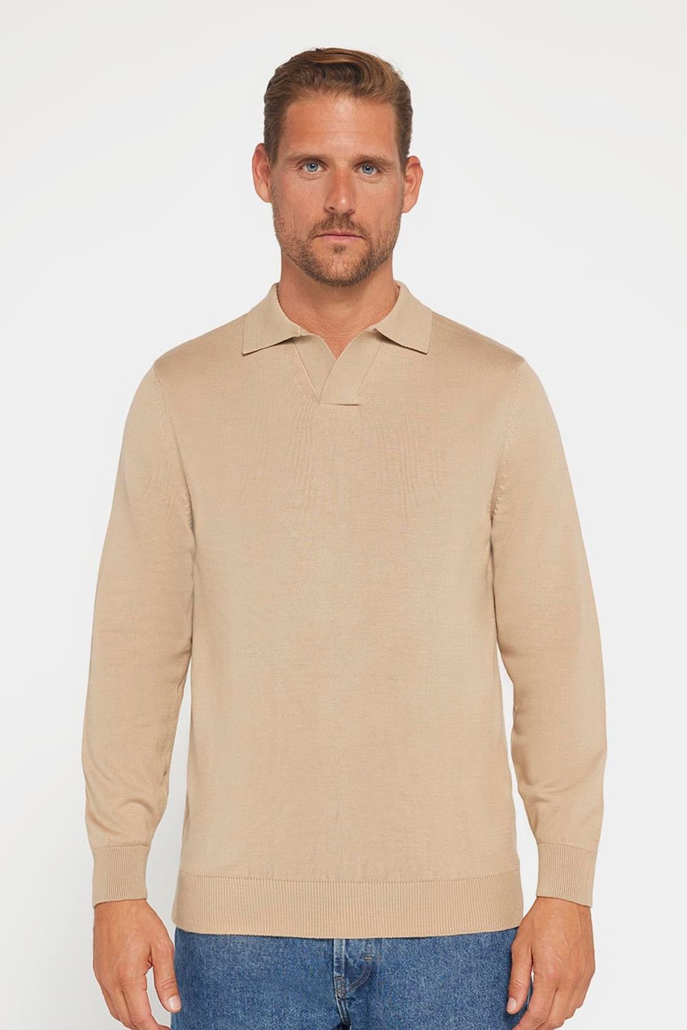 Slim Fit Dar Kesim Polo V Yaka Erkek Taş Triko Kazak