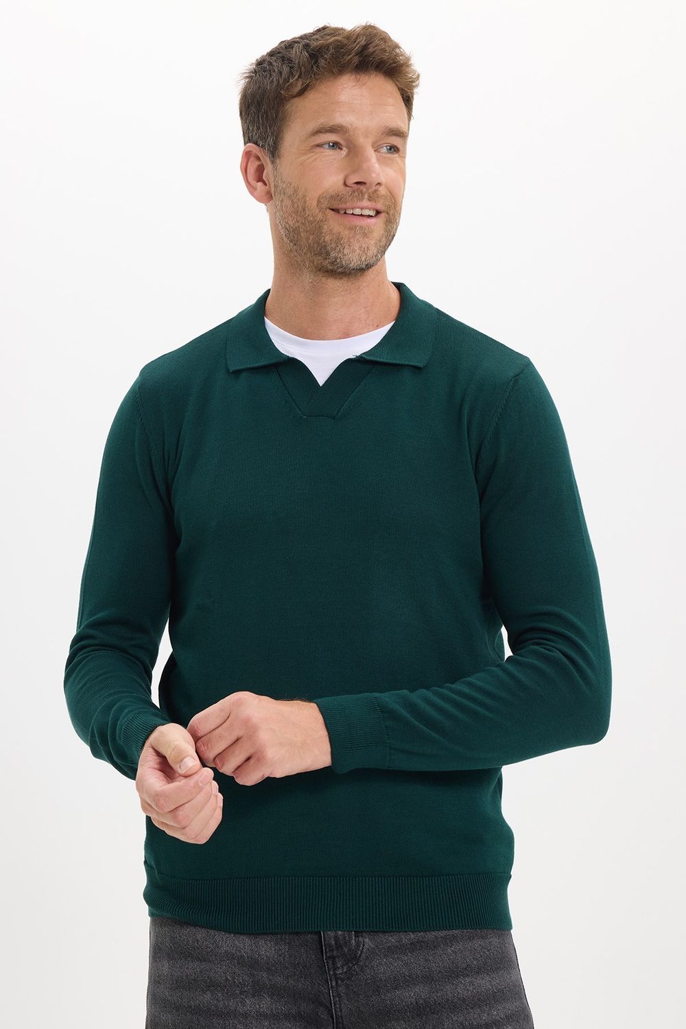 Erkek Standart Fit Normal Kesim Polo V Yaka Yeşil Triko Kazak