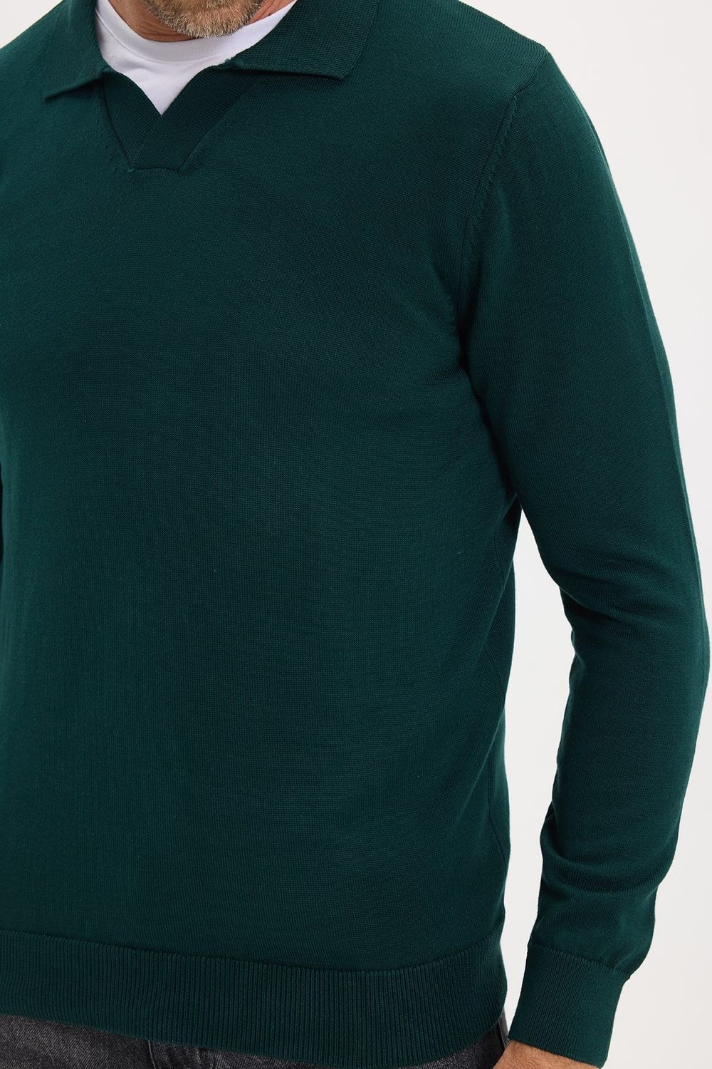 Erkek Standart Fit Normal Kesim Polo V Yaka Yeşil Triko Kazak