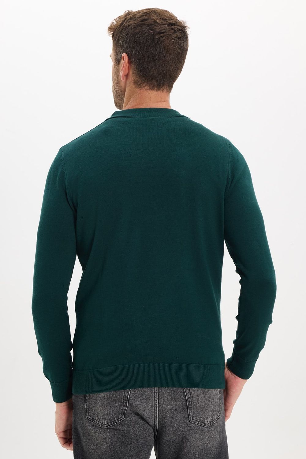 Erkek Standart Fit Normal Kesim Polo V Yaka Yeşil Triko Kazak