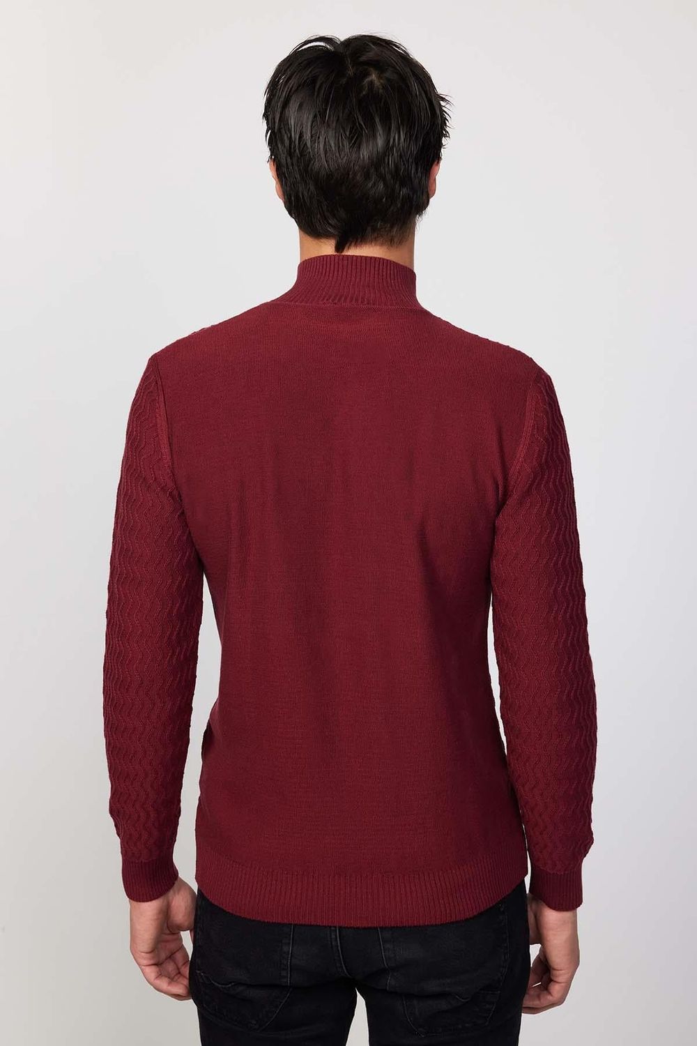 Slim Fit Dar Kesim Yarım Balıkçı Yaka Desenli Tüylenmeyen Bordo Erkek Triko Kazak