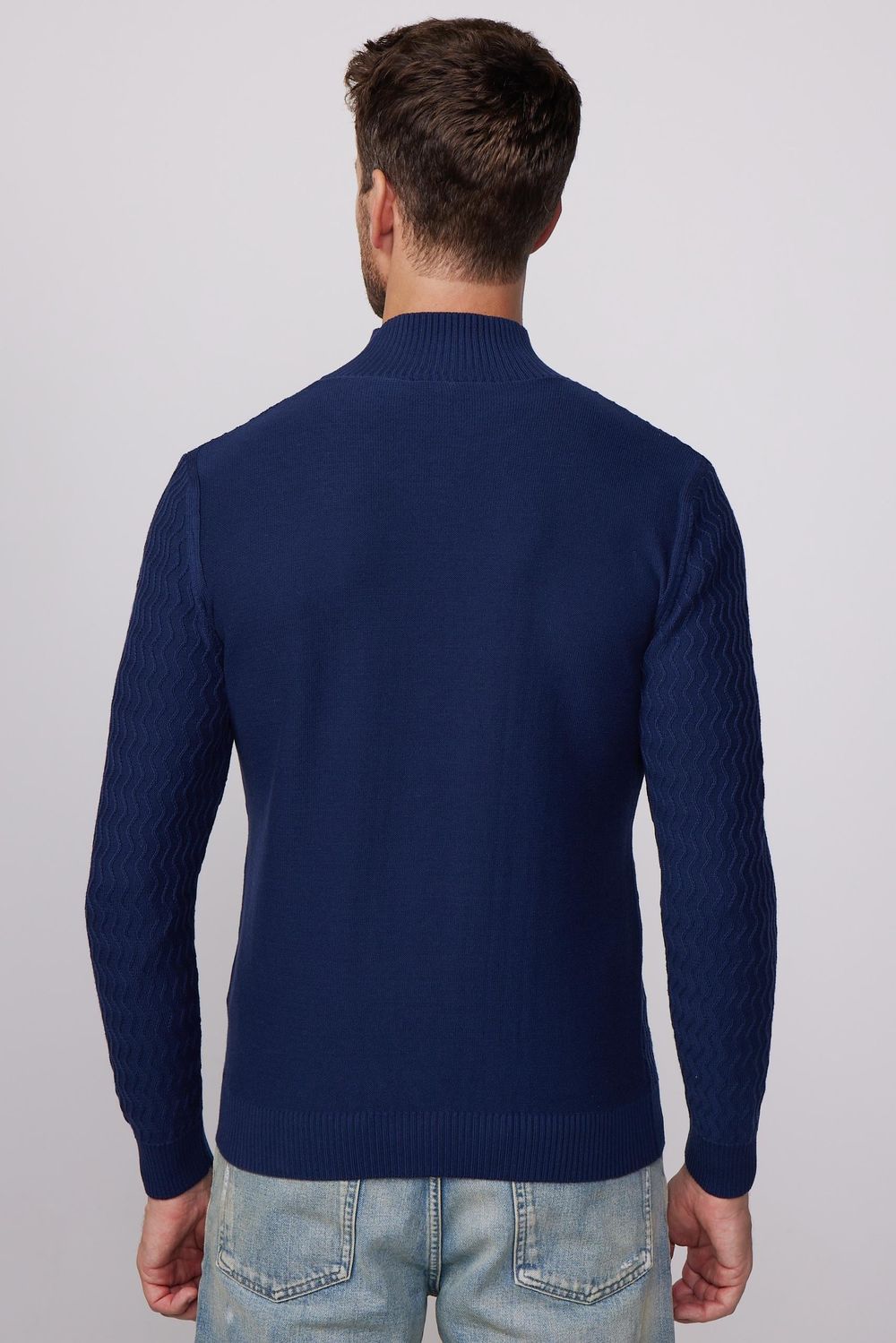Slim Fit Dar Kesim Yarım Balıkçı Yaka Desenli Tüylenmeyen Lacivert Erkek Kazak