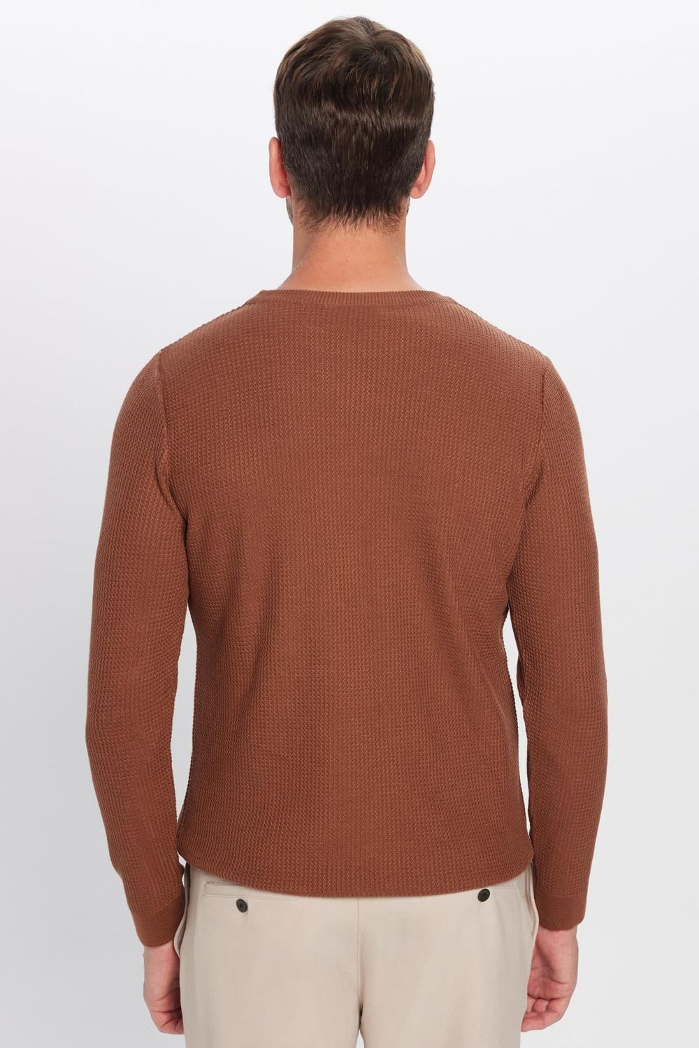 Slim Fit Bisiklet Yaka Desenli Taba Erkek Kazak
