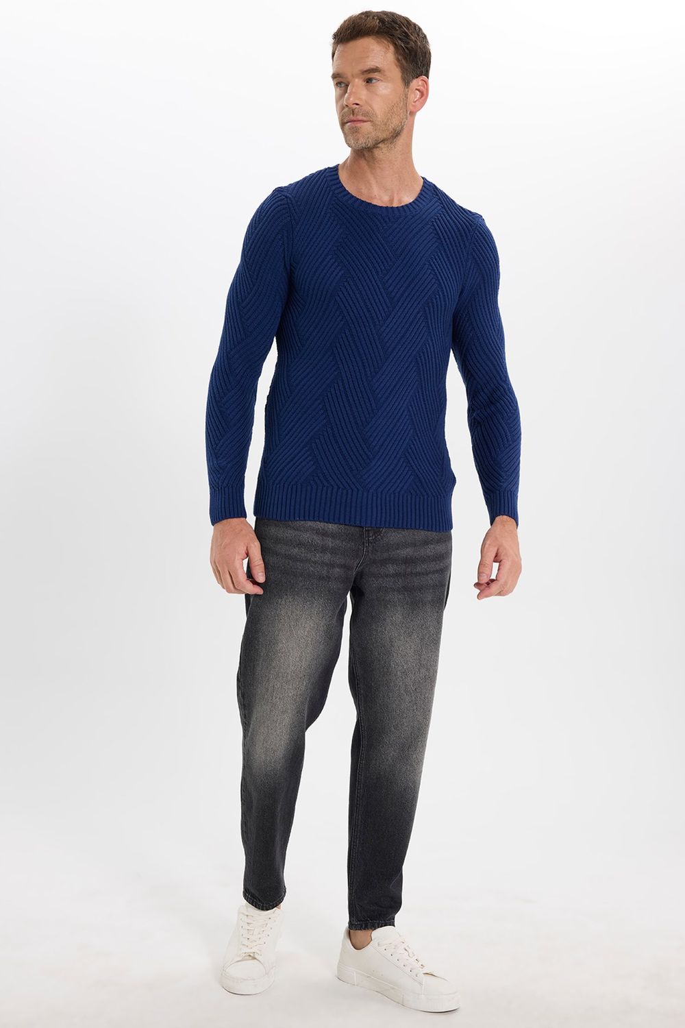 Erkek Slim Fit Dar Kesim Pamuklu Desenli Yumuşak Dokulu Saks Mavi Bisiklet Yaka Kazak