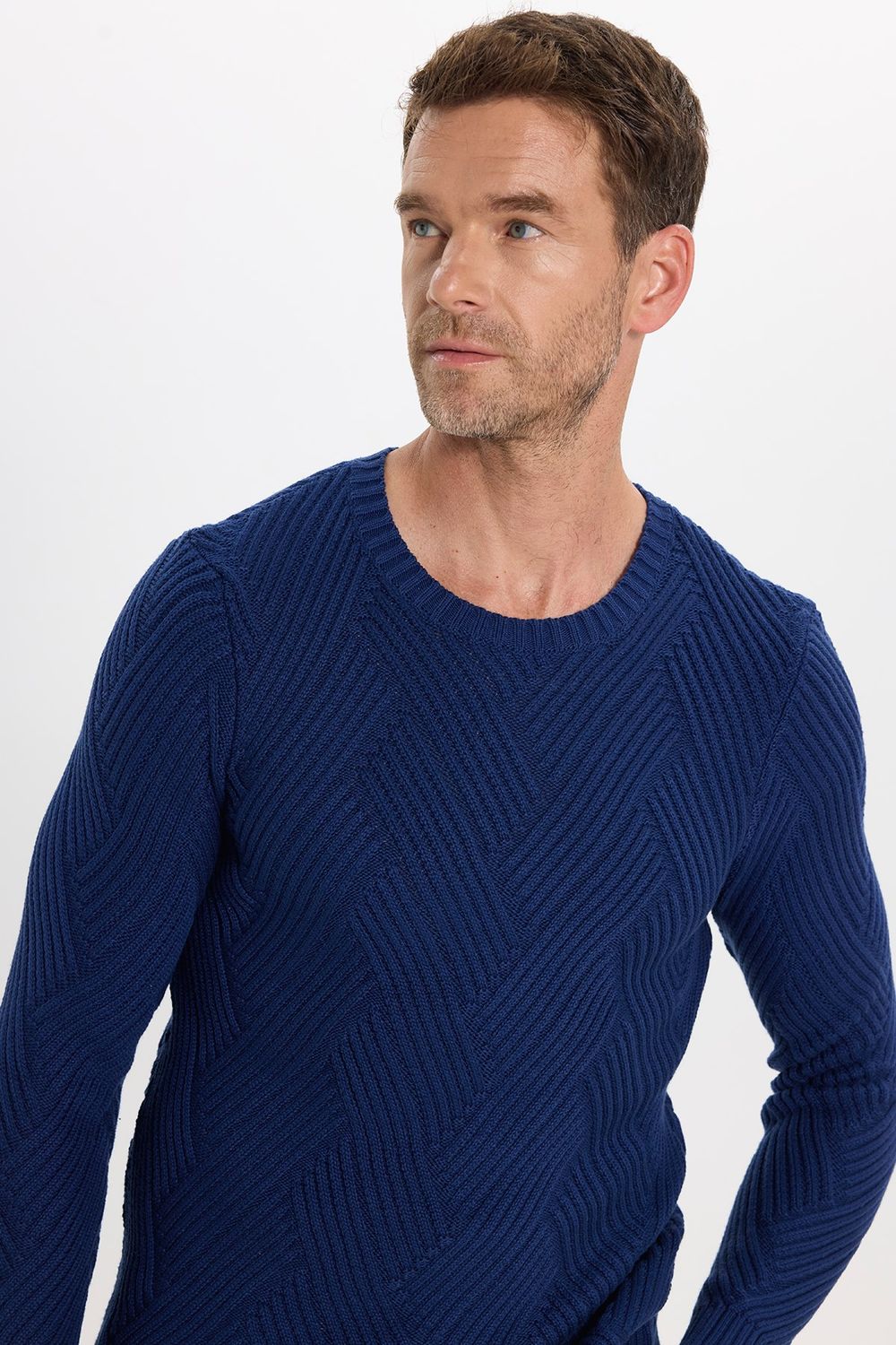 Erkek Slim Fit Dar Kesim Pamuklu Desenli Yumuşak Dokulu Saks Mavi Bisiklet Yaka Kazak