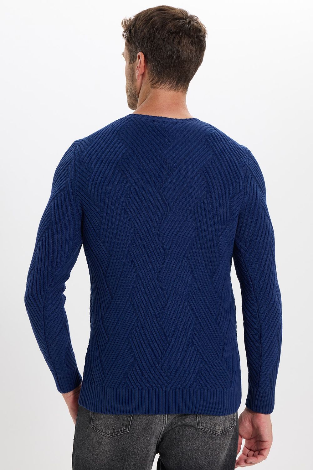 Erkek Slim Fit Dar Kesim Pamuklu Desenli Yumuşak Dokulu Saks Mavi Bisiklet Yaka Kazak