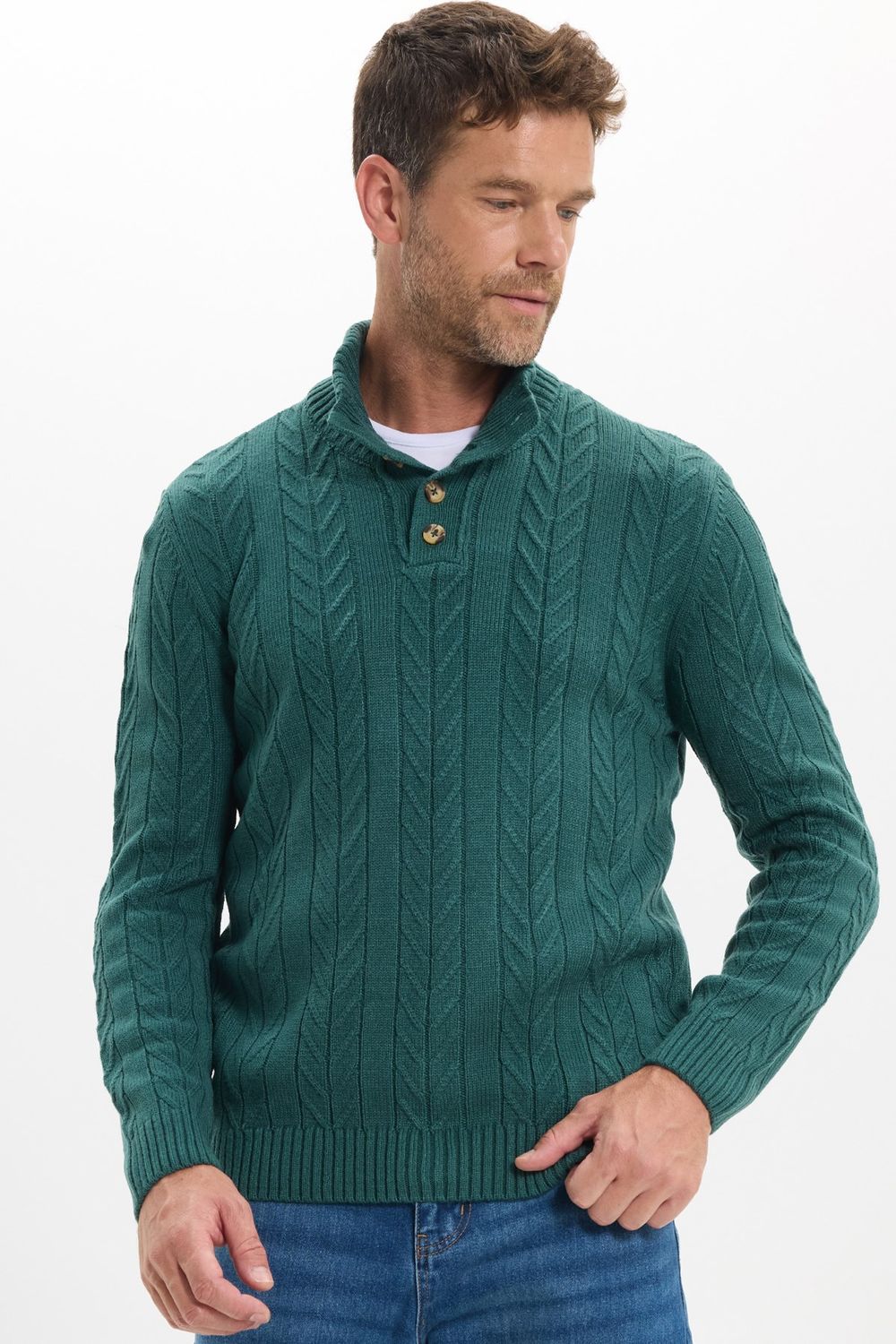 Erkek Slim Fit Dar Kesim Yumuşak Dokulu Desenli Dik Yaka Düğmeli Triko Yeşil Kazak