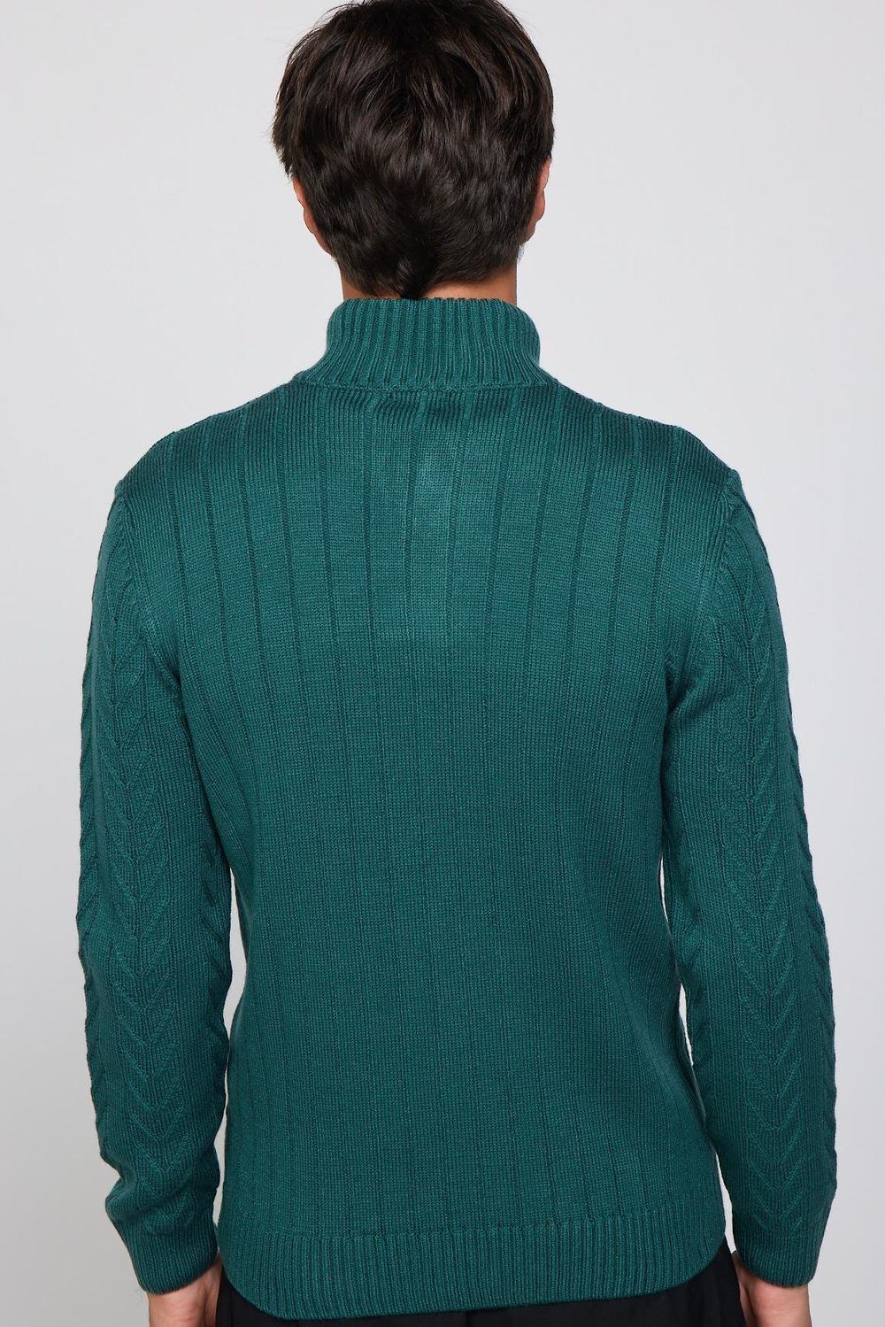 Erkek Slim Fit Dar Kesim Yumuşak Dokulu Desenli Dik Yaka Düğmeli Triko Yeşil Kazak