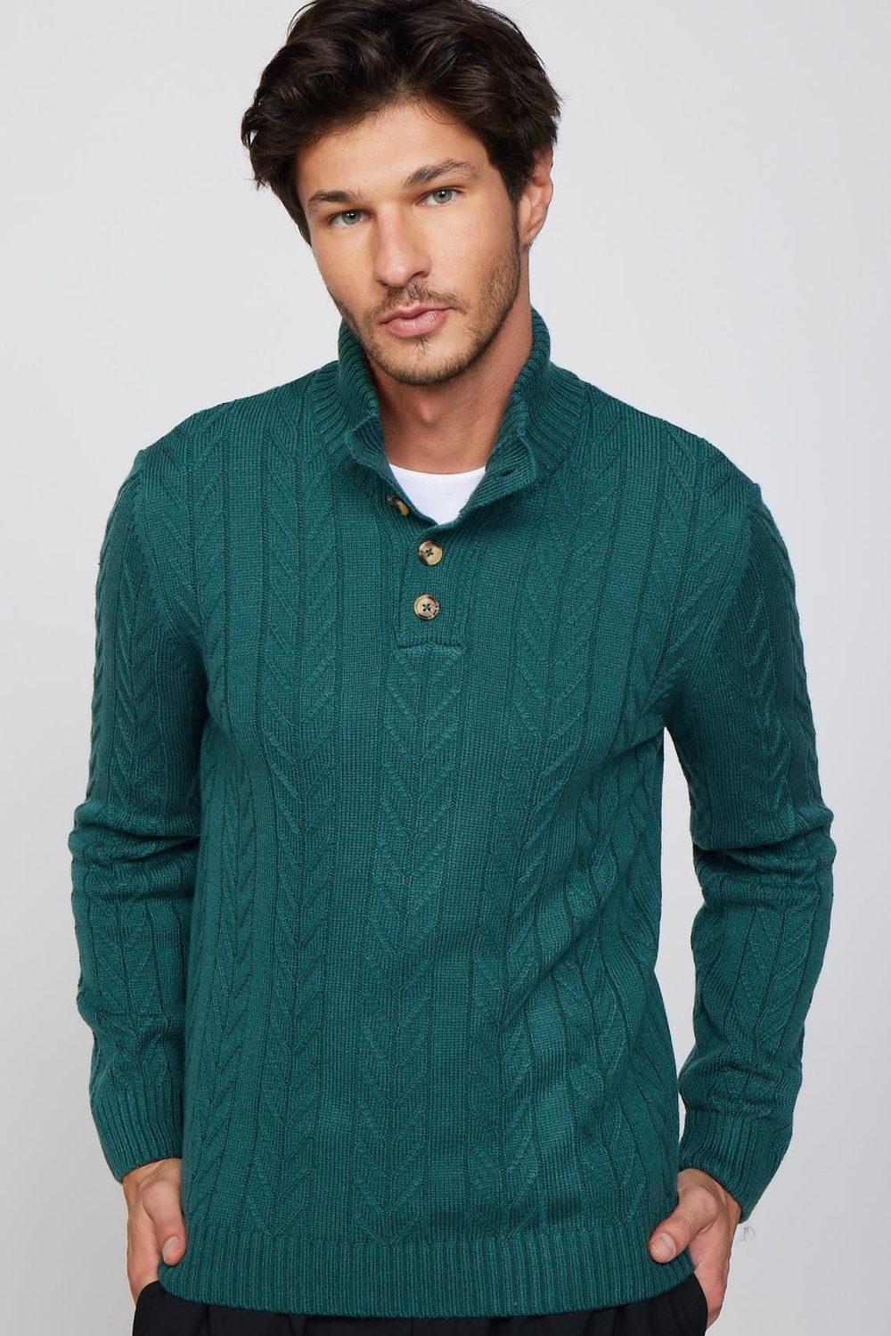 Erkek Slim Fit Dar Kesim Yumuşak Dokulu Desenli Dik Yaka Düğmeli Triko Yeşil Kazak