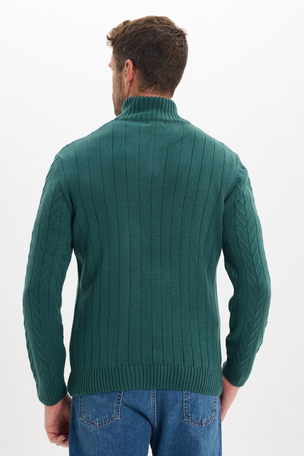 Erkek Slim Fit Dar Kesim Yumuşak Dokulu Desenli Dik Yaka Düğmeli Triko Yeşil Kazak