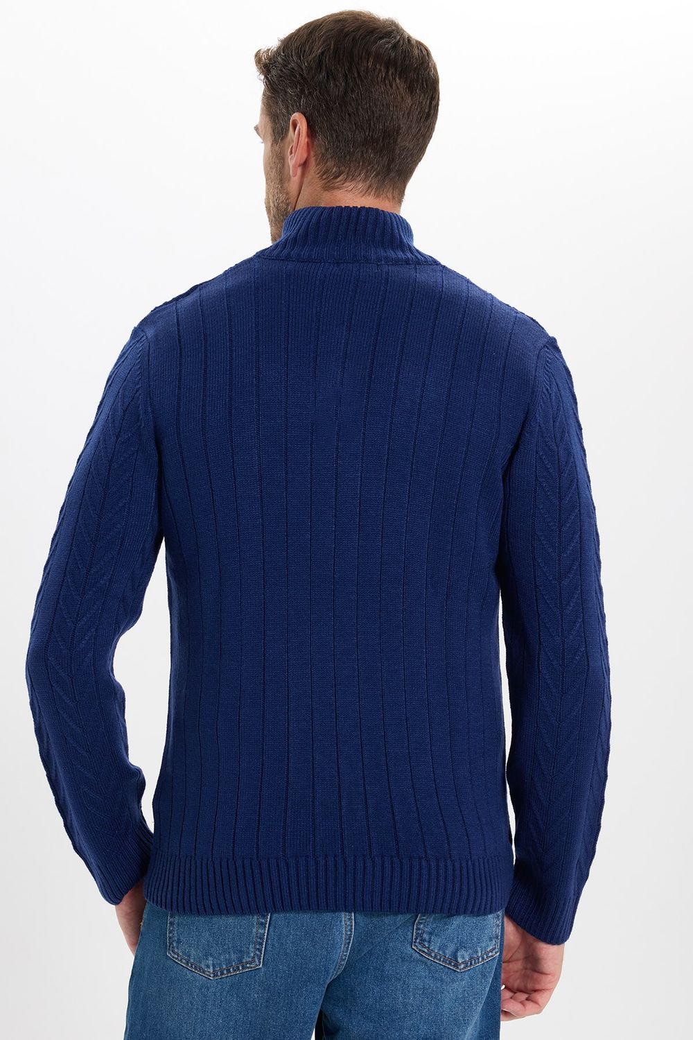 Erkek Slim Fit Dar Kesim Yumuşak Dokulu Desenli Dik Yaka Düğmeli Triko Saks Mavi Kazak