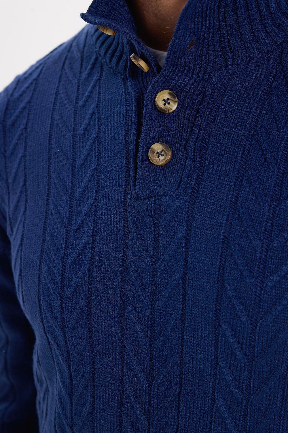 Erkek Slim Fit Dar Kesim Yumuşak Dokulu Desenli Dik Yaka Düğmeli Triko Saks Mavi Kazak